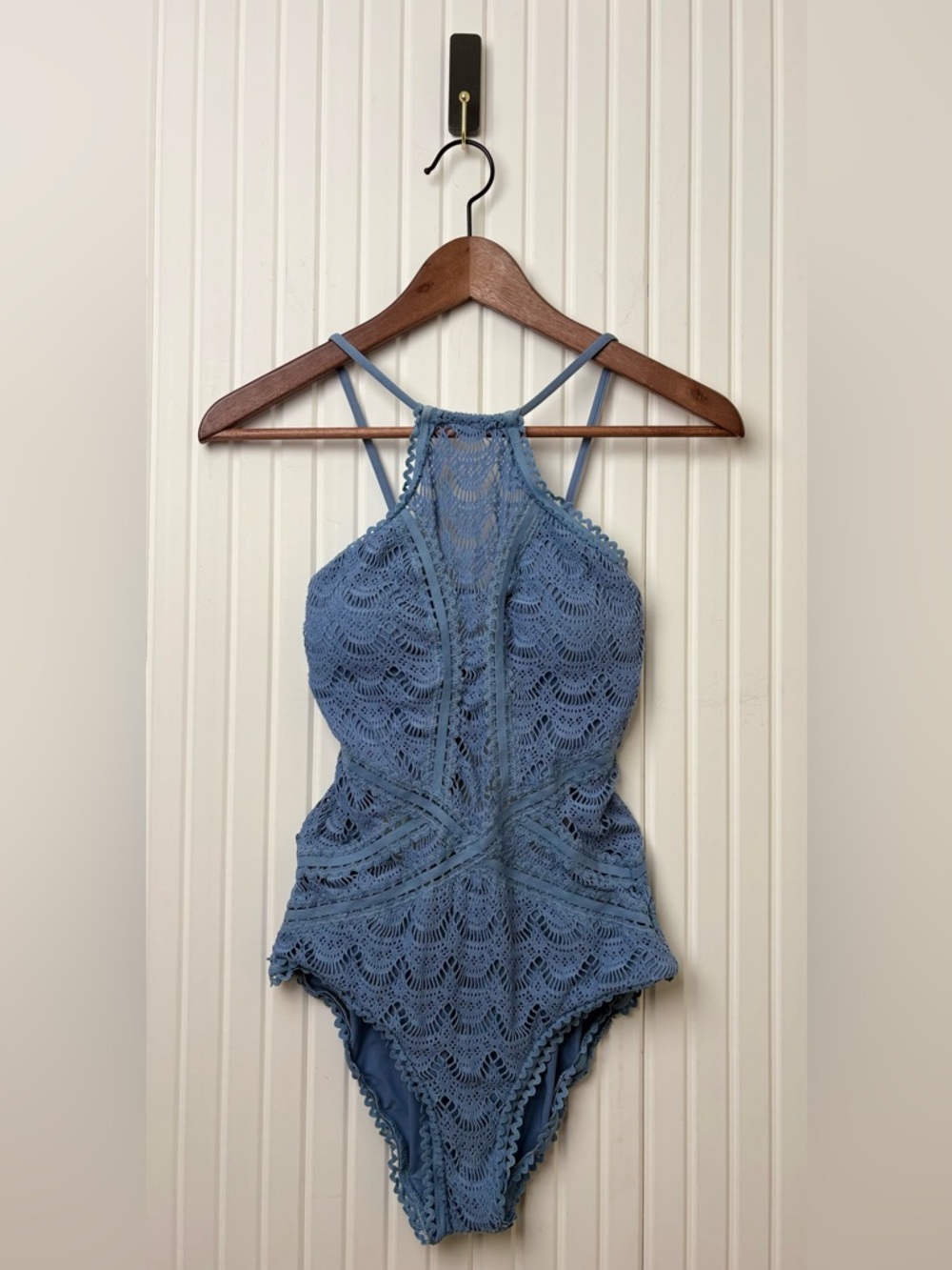 BECCA One Piece Swimsuit High Neck Lace Crochet Blue Open Back Resort Beach Pool